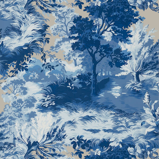 Thibaut Lincoln Toile Fabric - Blue and Flax